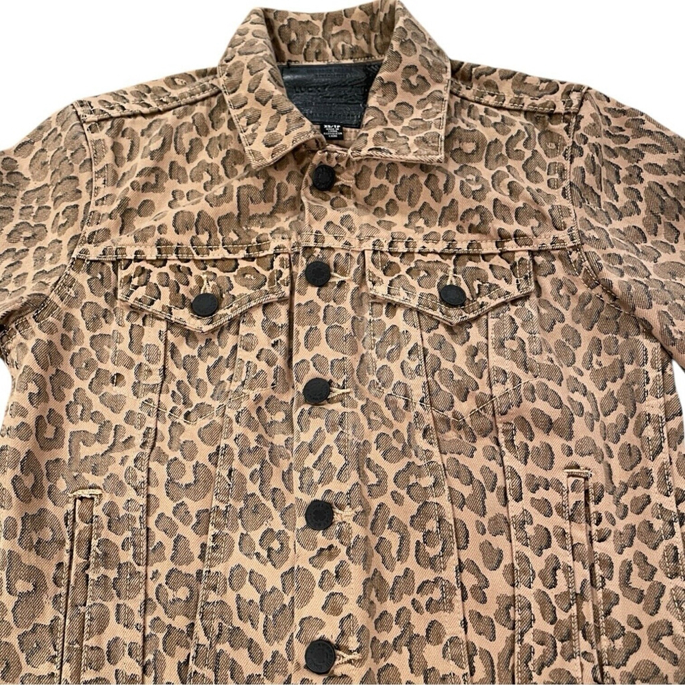 Lucky Brand Womens XS Leopard Denim Jacket The Tomboy Trucker Animal Print Brown - Picture 3 of 16